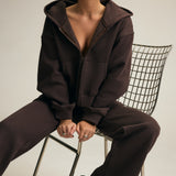 Cotton Fleece Boxy Zip Up Hoodie in Chocolate