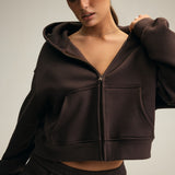Cotton Fleece Boxy Zip Up Hoodie in Chocolate