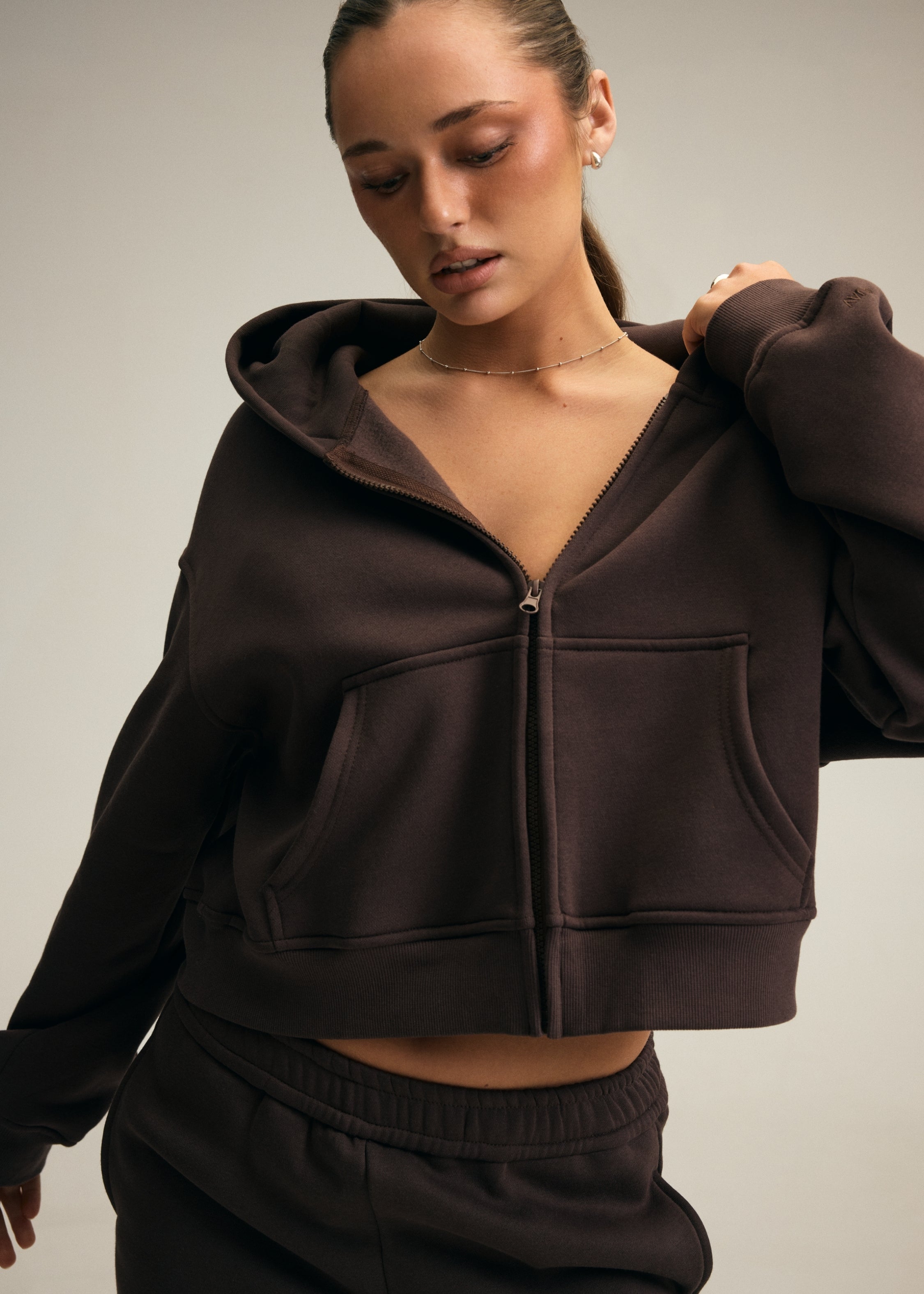 Cotton Fleece Boxy Zip Up Hoodie in Chocolate