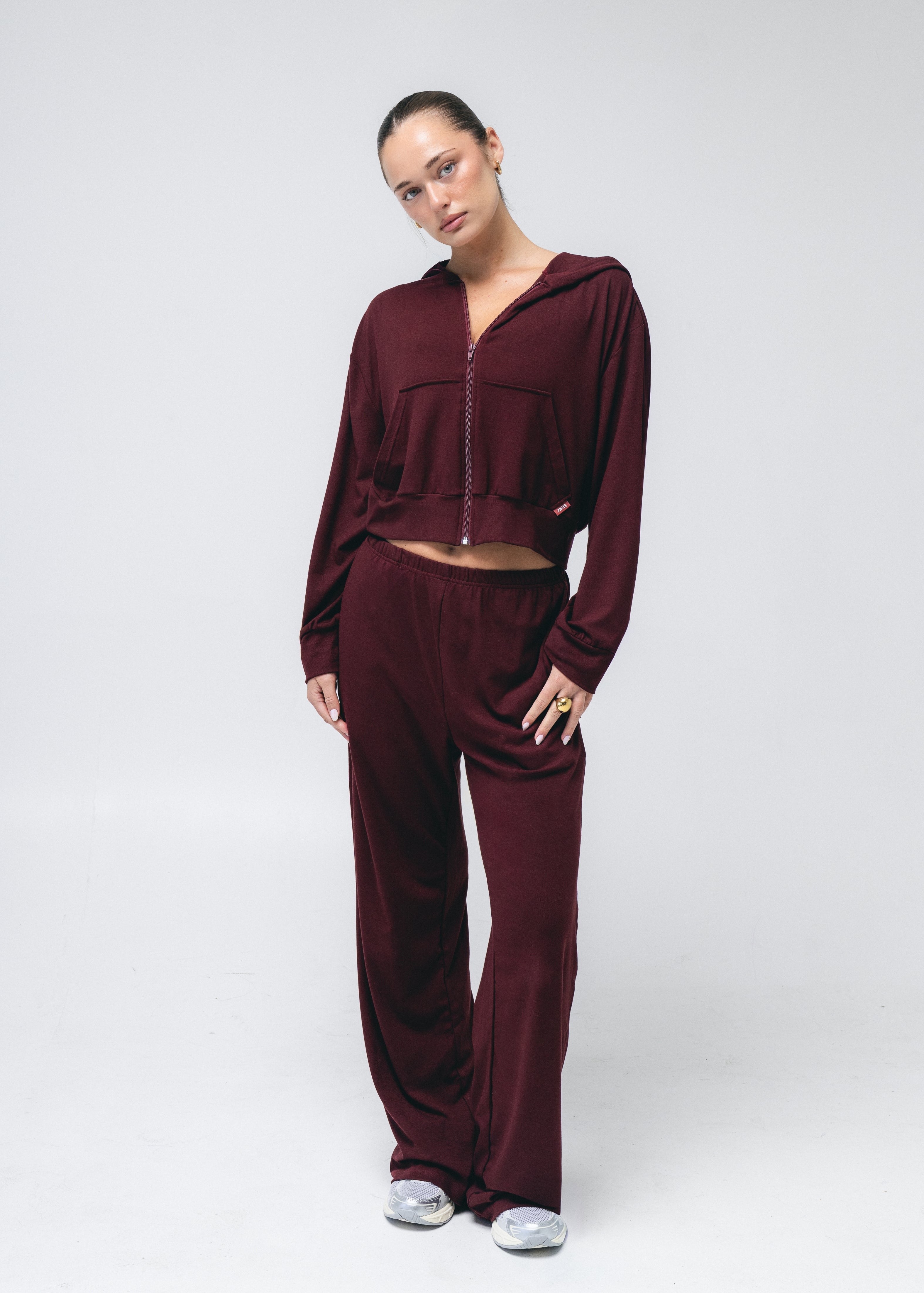 Boxy Zip Up Hoodie in Black Cherry