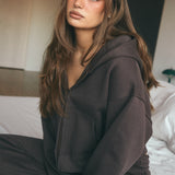 Cotton Fleece Boxy Zip Up Hoodie in Chocolate